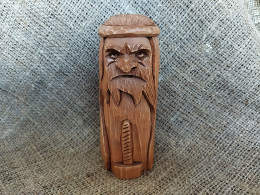 Hammer of Creation. Svarog statuette. Handmade wooden figurine of the god Svarog. Wood carving.