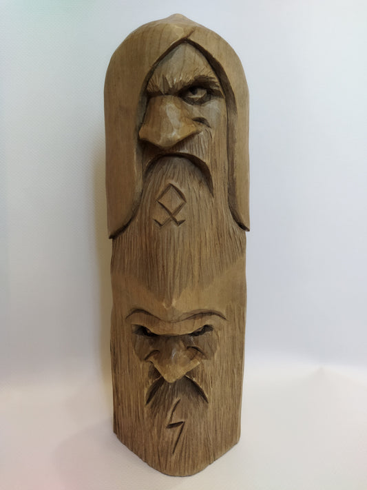 Odin statue. Baldr statue. Thor statue. Freyr statue. A statue of the four gods. Wood carving.