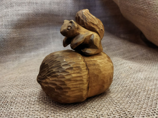 Hand-Carved Wooden Acorn and Squirrel Figurine - Large Acorn with a Small Squirrel